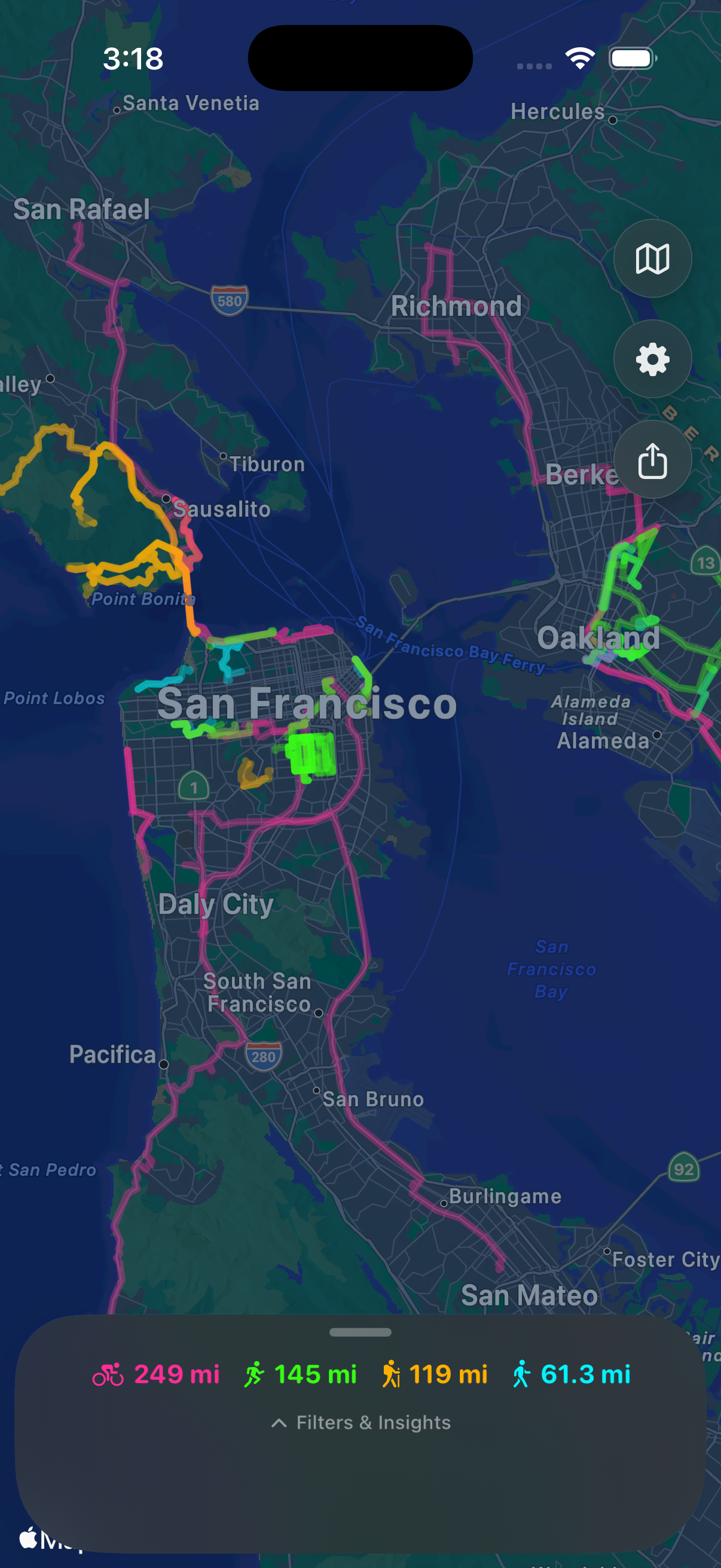RouteGlow app showing a glowing heatmap of activities across San Francisco Bay Area